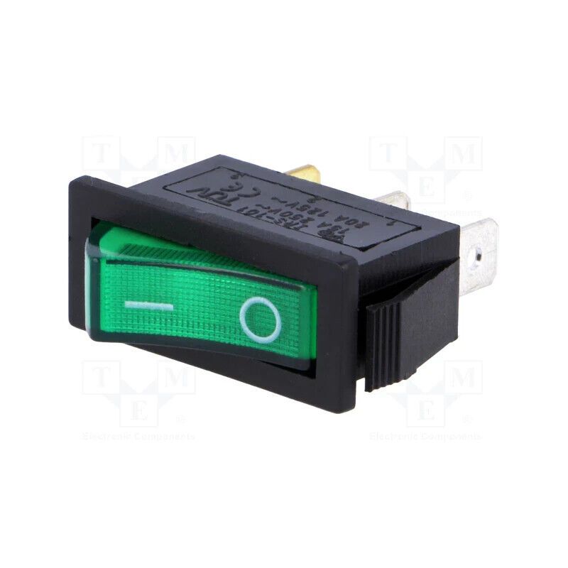 RSI1013C3GN ROCKER; SPST; Pos: 2; ON-OFF; 15A/250VAC; green; neon lamp; 35mΩ